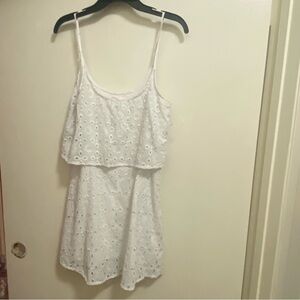 Free 2 Luv Womens White Eyelet Mini Tank Dress M 36” Embroidered Pattern Tiered